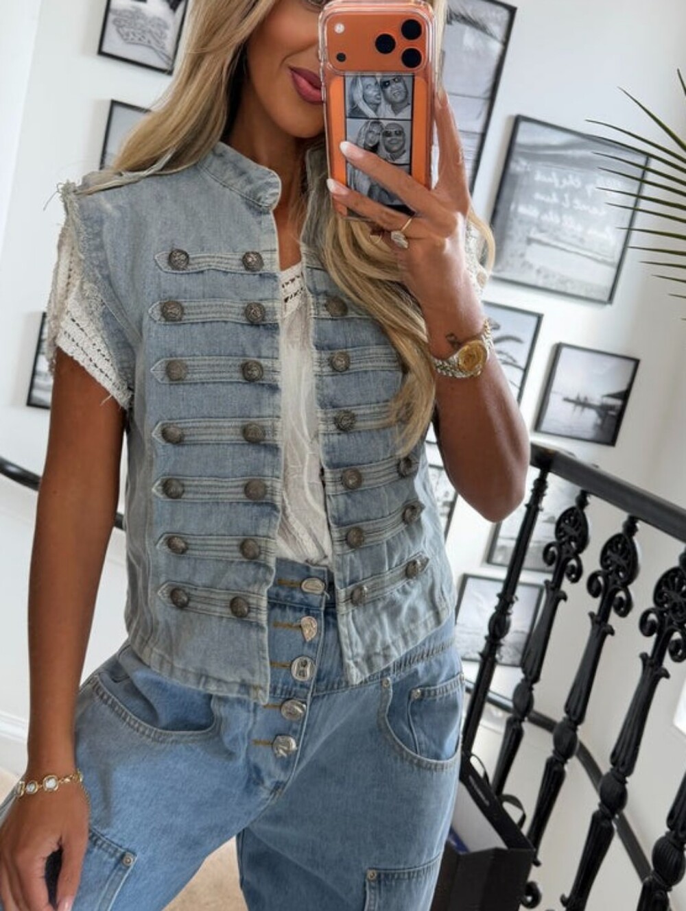 Light Wash Military-Style Sleeveless Denim Vest